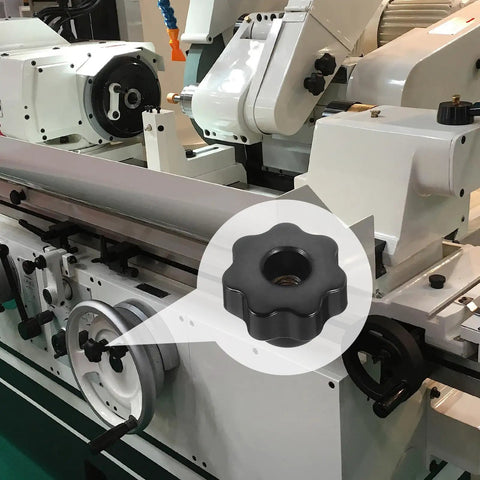 Straight Up Solid 7 Point Star Knobs M6 Metric Female Thread 25Mm Plastic Head on machinery, showcasing use as clamping handles.