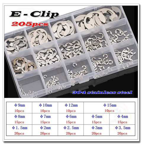 Heavy Duty Stainless Steel Snap Rings E Clip Circlips 304 GB896-304, 9mm Outer Diameter, 4mm Inner Diameter, 0.8mm Thick, Silver Finish, Pack Of 200, Must-Have Gear For Machinery, Automotive, And DIY Projects. Assorted 304 stainless steel E-clips in compartment box