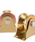 Two 2-inch V-groove caster wheels with gold-finish steel brackets