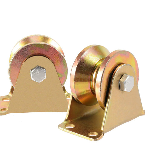 Two 2-inch V-groove caster wheels with gold-finish steel brackets