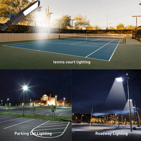 300W LED Parking Lot Light With Dusk To Dawn Photocell Sensor, 42000 Lumens, illuminating various outdoor areas