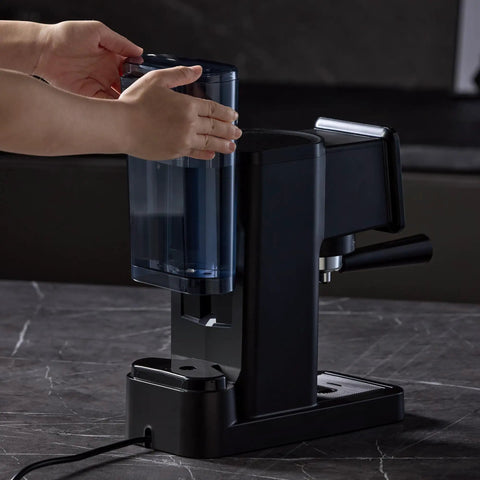 Installing the water reservoir on the Badass Home Espresso Maker With Slick Touchscreen Interface And 20 Bar Pump Pulls Knockout Shots