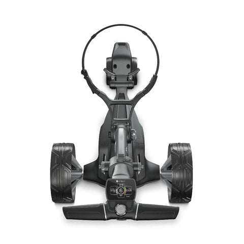 Top Tier Remote Control Electric Golf Push Cart With A Slick Automotive Design And Rock Solid Adjustable Speeds Featuring A Wide Digital Display For A No Sweat Round On The Course Daily - overhead view of cart with digital display.