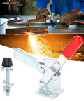 Two Pack Welding Toggle Clamp Horizontal Quick Release Hand Tool For Fixture Elbow Rock Solid Built Tough High Performance Hardware Clamp Set For Welding And Metalworking showing clamp with red handle and metal components in workshop.