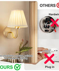 Comparison image of a battery operated wall sconce with pleated fabric shade, remote control, and no wiring needed.