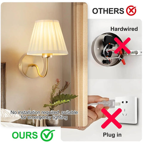 Comparison image of a battery operated wall sconce with pleated fabric shade, remote control, and no wiring needed.