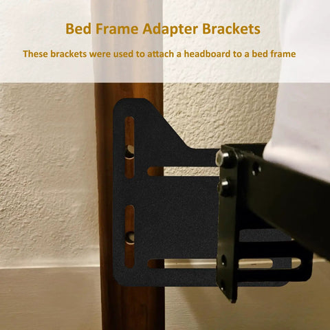 Heavy Duty Bed Frame Brackets For Headboard Adapter Connector Includes Two Rock Solid Steel Conversion Plates With Sleek Black Finish Provides Badass Grip On Queen King Or Full Size Frames Every Time mounted on wooden bed post.