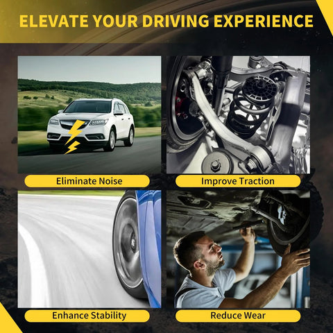 Four-panel image showing car with noise reduction, suspension with improved traction, tire enhancing stability, mechanic reducing wear