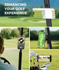Upgraded Magnetic Golf Cart Phone Holder With 20x N55 Magnets showing multiple golf course applications.