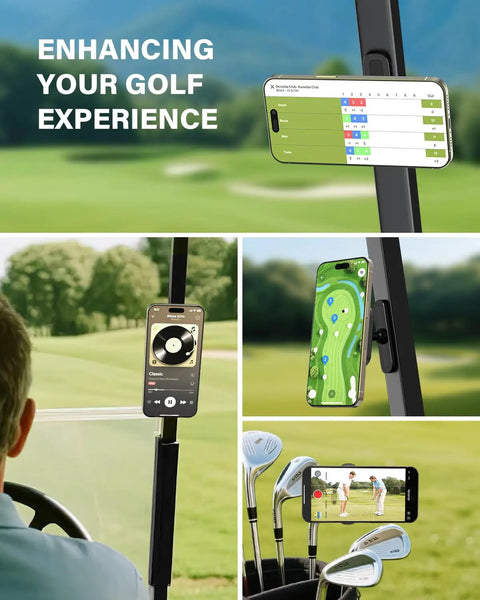 Upgraded Magnetic Golf Cart Phone Holder With 20x N55 Magnets showing multiple golf course applications.
