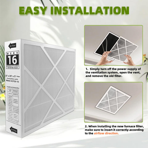 20x25x5 MERV 16 Activated Carbon Furnace Air Filter 2 Pack with easy installation guide and features highlighted.
