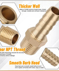 Brass Hose Barb Fittings Kit With 32 Pieces And 46 Clamps For Water Fuel And Air Lines Includes Ten Barb Sizes From Three Sixteenths Inch To One Half Inch And NPT Male Adapters Perfect DIY Auto Boat Garage Plumbing Kit showing thick wall, clear NPT thread, smooth barb head