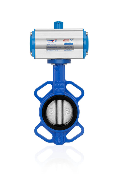 UNOX pneumatic butterfly valve, wafer DN125 (5in), blue body, stainless steel AISI 304 disc EPDM seat