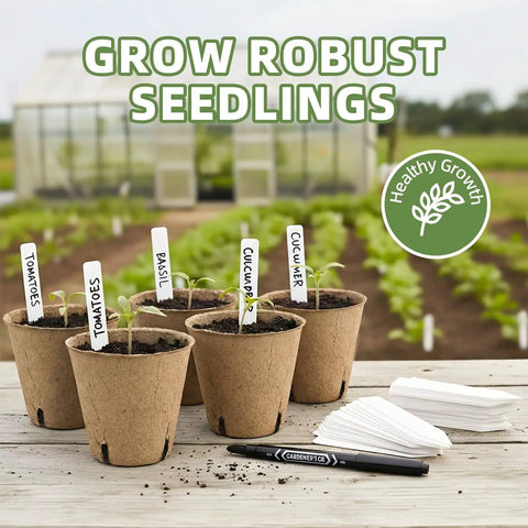 Biodegradable Seed Starter Pots Kit With 70 Plant Labels And 70 Pcs 3.15 Inch Peat Pots With Drainage Holes For Seedlings, Herbs, Vegetables And Flowers, No Transplant Shock Garden Starter Set, showing labeled peat pots on a table.