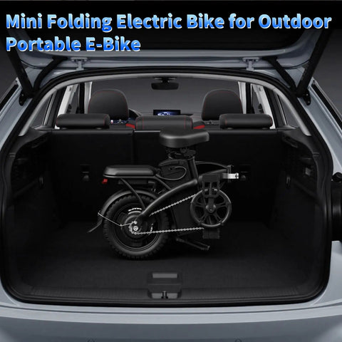 Folding Electric Bike With 1000W Peak Motor 25 MPH Top Speed 14 Inch E Bike in car trunk, built for portability