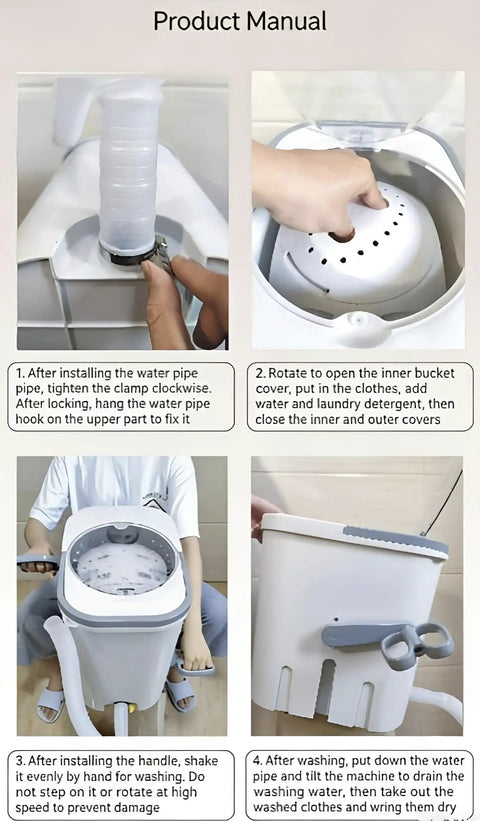 Hand Crank Washing Machine With Biomimetic Scrub Interior Manual Portable Laundry Soaker instructional steps for use.