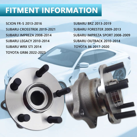 Five-Lug Wheel Hub Bearing Assembly With ABS For Toyota 86 GR86 Scion FR-S Subaru BRZ Crosstrek Forester Impreza Sport Legacy Outback WRX STI 09-21 Two-Piece Replacement Model 512401, shown with fitment information for various models.