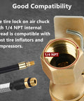 Heavy Duty Brass Locking Air Chuck With Leak Proof Gasket And Secure Grip Design For Fast Tire Inflation and smooth connection, 1/4 NPT fitting.