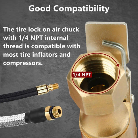 Heavy Duty Brass Locking Air Chuck With Leak Proof Gasket And Secure Grip Design For Fast Tire Inflation and smooth connection, 1/4 NPT fitting.