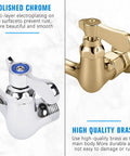 Straight Up Heavy Duty Wall Mount Utility Sink Faucet With Eight Inch Full Range Swivel Spout Dual Handles Solid Lead Free Brass Polished Chrome Finish. Close-up view of polished chrome finish and brass details.