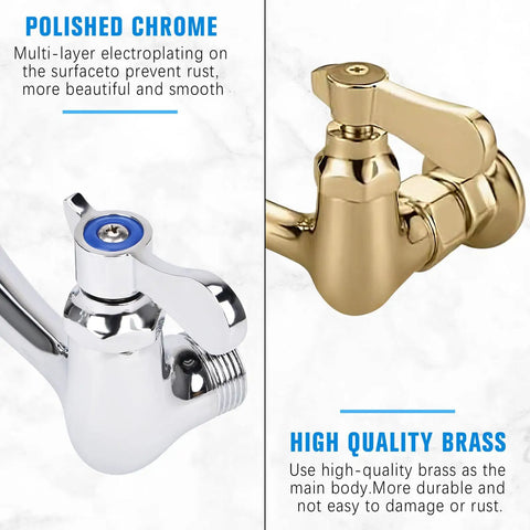 Straight Up Heavy Duty Wall Mount Utility Sink Faucet With Eight Inch Full Range Swivel Spout Dual Handles Solid Lead Free Brass Polished Chrome Finish. Close-up view of polished chrome finish and brass details.