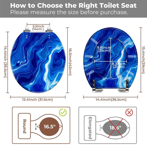 Round Resin Toilet Seat for Bathroom with dimensions 12.4" width and 16.5" round, showing sizing guide and contrast against elongated seat.