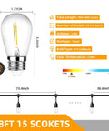 Diagram of Go To Outdoor String Lights 96 Feet Total, Two 48 Feet Strands, showing bulb dimensions and 15 sockets per strand.