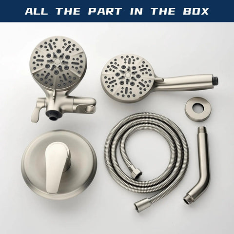 High Pressure Dual Shower System With Handheld And Fixed Heads 2 In 1 Shower Combo brushed nickel parts display