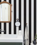 Bathroom with black and white striped peel and stick wallpaper for cabinets and walls self adhesive removable waterproof vinyl 118 inches long 18 inches wide modern decorative cover for kitchen bedroom bathroom