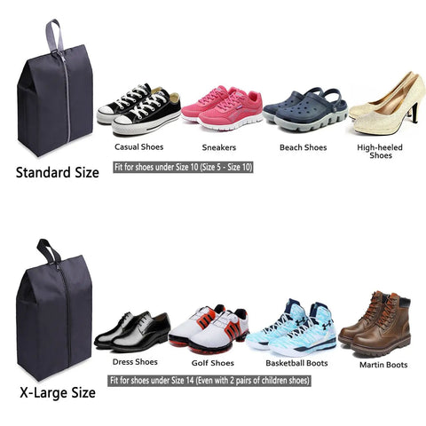 Travel Shoe Bags Set Of 4 Waterproof Nylon With Zipper For Men And Women, Gym Gear Must-Have Durable Dual Size Shoe Organizers For On The Go Dustproof Storage Pouches In Black with various shoes showcasing standard and XL sizes.