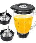 Kickin 6 Cup Glass Blender Replacement Jar With Lid Kit Including 4 Point Ice Blade Bottom Cap And Rubber Gasket, filled with orange liquid
