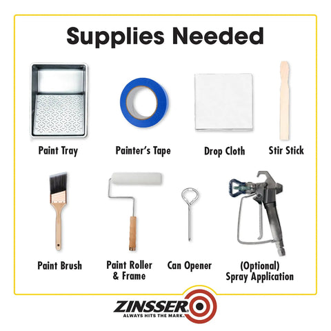 Supplies needed for odor killing interior primer: paint tray, tape, cloth, stick, brush, roller, opener, spray gun.