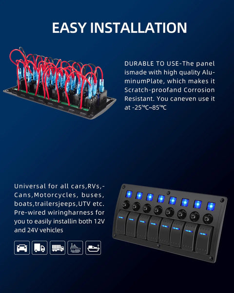 8 Gang Waterproof Rocker Switch Panel With Blue LED Lights Heavy Duty Prewired 12V 24V On Off Switches installation diagram