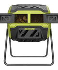 Outdoor Tumbling Composter Bin With Dual 360 Degree Rotation And 42 Gallon Capacity For Fast Home Composting Dual Chamber With Sliding Access Doors Heavy Duty Steel Frame UV And Weather Resistant Tumbler in green and black.