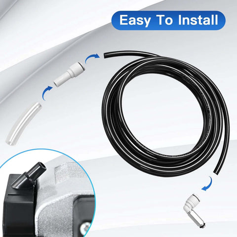 Angled view of Ktondic air assist kit for laser engraver with long black hose, white fittings, and nozzle