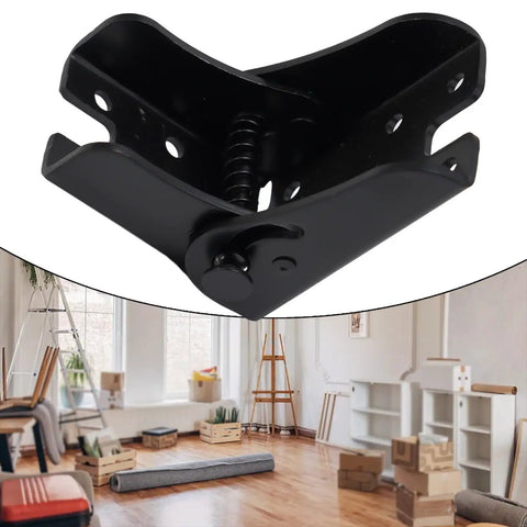 Close-up of a black 90 Degree Self Locking Folding Hinge For Sofa Beds Cabinets And Tables Space Saver Lift Support Hardware