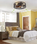 Flush Mount Caged Ceiling Fan With Lights And Remote Control in farmhouse style bedroom.