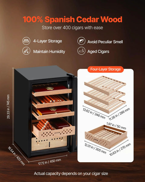 Dope Electric Cigar Humidor Cabinet With Compressor Cooling 70 Liter Capacity Holds 400 Cigars, Spanish cedar shelves, four-layer design