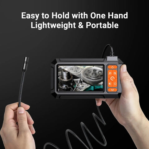 Rugged 1080P Endoscope Camera With 4.3 Inch LCD IP67 Waterproof Sewer Inspection 7.9mm Lens 8 LED Lights and 16.5ft Semi-Rigid Probe for Clear Real-Time Views in Tight Hard-To-Reach Spaces. Handheld inspection camera with probe