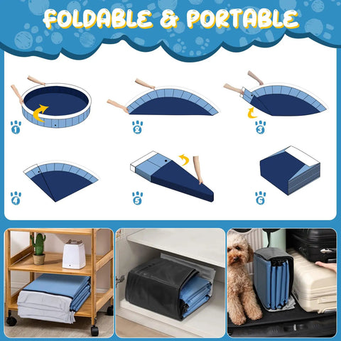 Diagram showing how to fold Extra Large Foldable Dog Pool 97-Inch Portable Hard Plastic Bath Tub For Dogs, Kids, And Pets