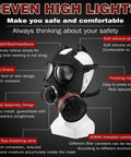 Full Face Respirator Mask With 40mm Activated Carbon Filter Reusable Dust Gas Chemical Vapor Fume shown on mannequin with features highlighted.