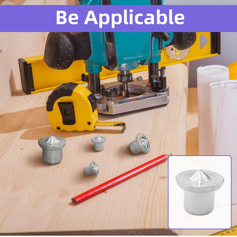 48 Piece Dowel Center Pins Set with various sizes on a woodworking table, including 1/4, 5/16, 3/8, and 1/2 inch pins.