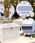 Slick White Silhouette Wedding Card Box With Lock And Slot, showcasing golden lock, wider slot, and sturdy panel details.
