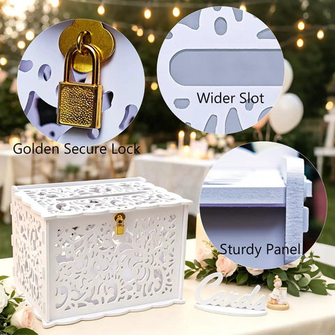 Slick White Silhouette Wedding Card Box With Lock And Slot, showcasing golden lock, wider slot, and sturdy panel details.