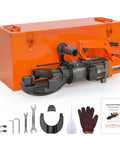 Powerful 1500W Electric Hydraulic Rebar Bender For Smooth Bending Up To 1 Inch #8 Steel Rods with tools in orange carry case.