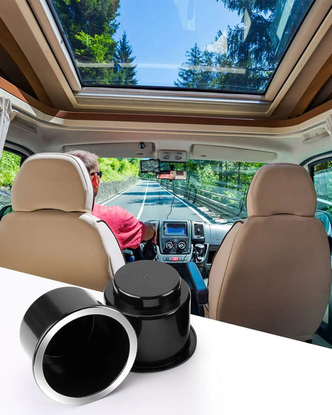 Universal Cup Holder Insert 2 Pack For RV Boat Car Couch Golf Cart Large Chrome Drop In Cup Holder displayed in an RV interior