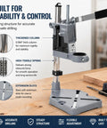 Adjustable Drill Press Stand For Hand Drill Benchtop Workstation With Precision Depth Control Scale Heavy Duty Metal Base showing stability features.