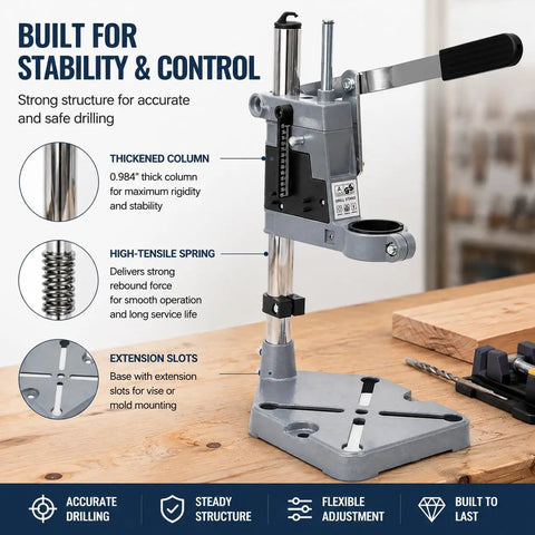 Adjustable Drill Press Stand For Hand Drill Benchtop Workstation With Precision Depth Control Scale Heavy Duty Metal Base showing stability features.