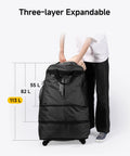 Front view of black LUGGEX travel duffel with spinner wheels; three-layer expandable, 55–113 L