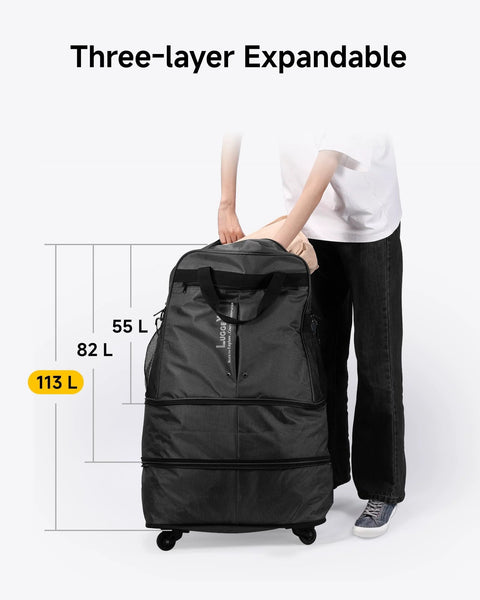 Front view of black LUGGEX travel duffel with spinner wheels; three-layer expandable, 55–113 L
